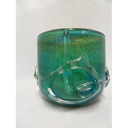 20 - Mdina glass - a Chinese bowl, of sand, green and blue colour applied with 3 colourless glass 'charac... 