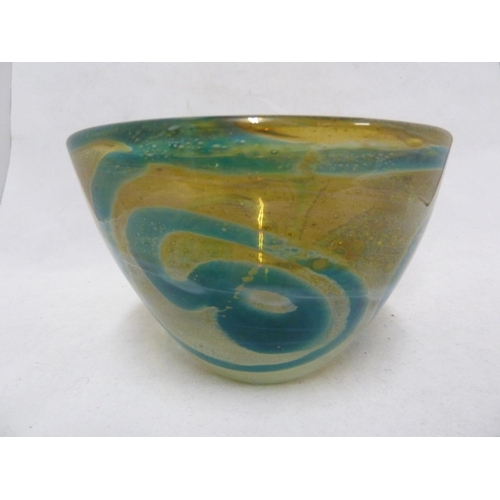 21 - Mdina glass - a Rosenthal bowl, of blue swirls on a sand  graduating to white coloured ground, hand ... 