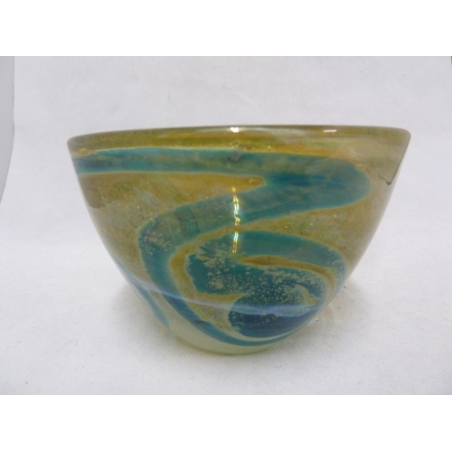 21 - Mdina glass - a Rosenthal bowl, of blue swirls on a sand  graduating to white coloured ground, hand ... 