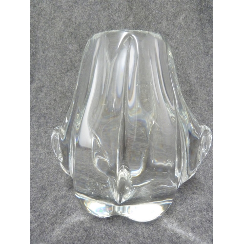 63 - Val St Lambert - an organic form colourless glass vase, of lobed tulip shape flanked by 'leaf' protr... 