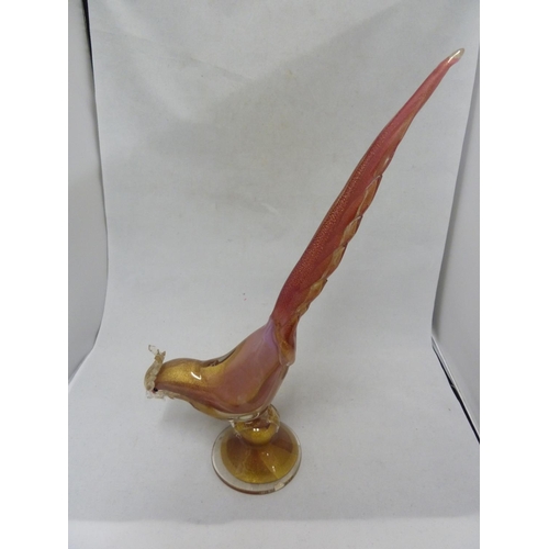 61 - Murano glass - Pheasant - modelled standing with elongated tail upright, in pink and aventurine gold... 