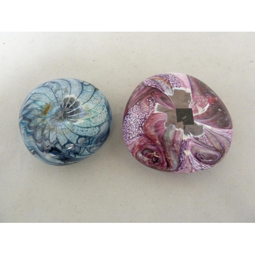 7 - Isle of Wight glass - two Gemstone pebble paperweights, in amethyst and aqua marine colours, partial... 