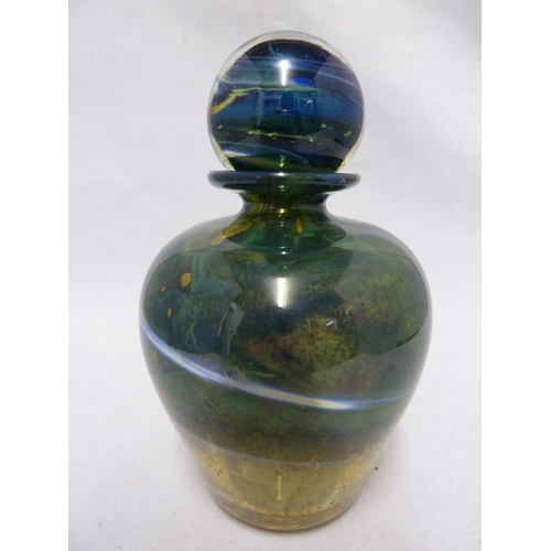 10 - Isle of Wight - a Blue Aurene bottle and stopper, the squat ovoid form body surmounted by a ball sto... 