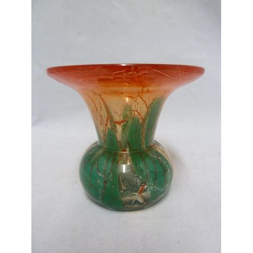 129 - W M F - an Ikora glass vase, of squat trumpet form, the upper flared rim of bright orange red over a... 