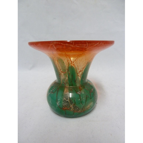 129 - W M F - an Ikora glass vase, of squat trumpet form, the upper flared rim of bright orange red over a... 