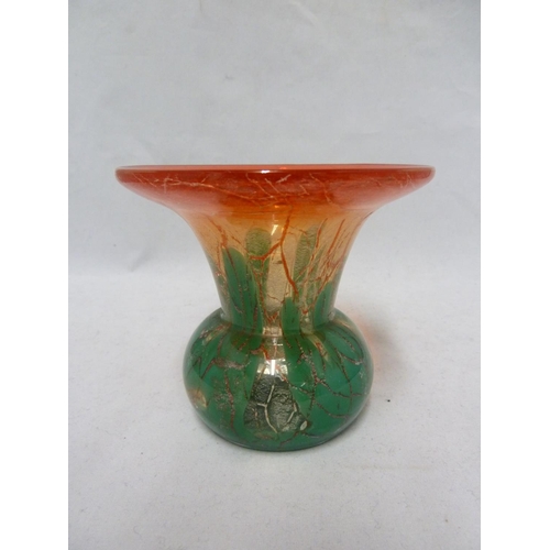 129 - W M F - an Ikora glass vase, of squat trumpet form, the upper flared rim of bright orange red over a... 