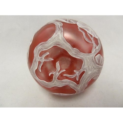 240 - English Cameo Glass - a squat bottle form vase of white cameo cut through to raspberry pink with a d... 