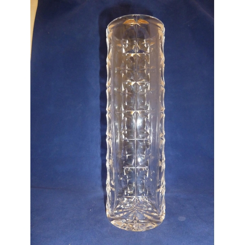 44 - John Luxton for Stuart - a Totem Pole vase, in colourless glass, of cylindrical shape, cut with vert... 