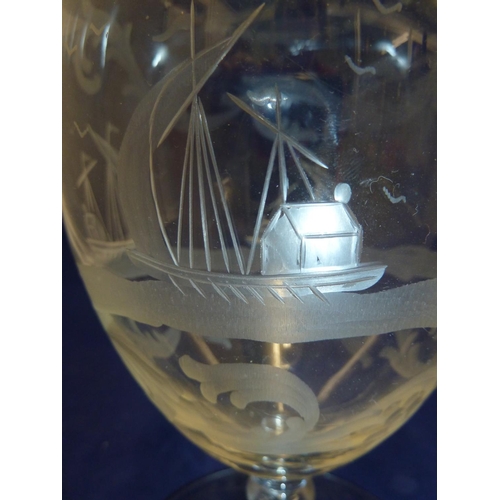 152 - Venetian Glass - an ovoid vase of colourless glass, engraved with a Venetian lagoon between bands of... 