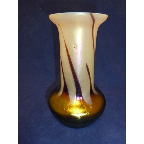 147 - Kralik - an iridescent glass vase, the opaline white cylindrical body with flared upper rim trailed ... 