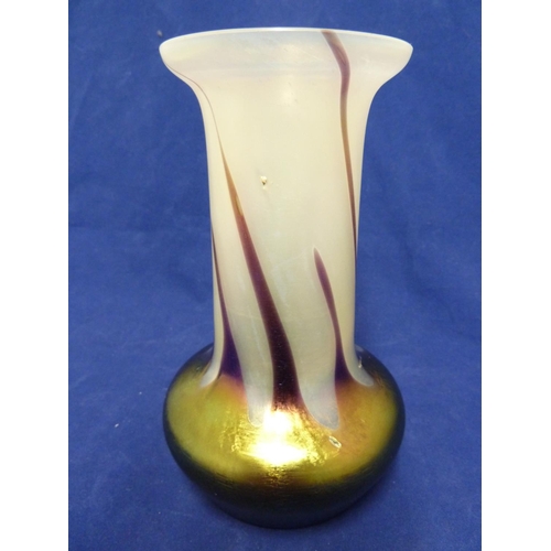 147 - Kralik - an iridescent glass vase, the opaline white cylindrical body with flared upper rim trailed ... 