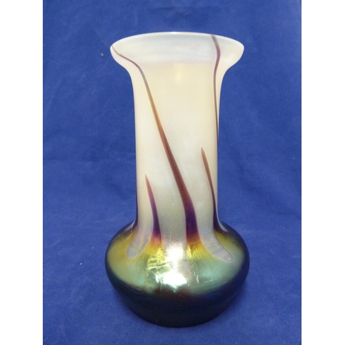 147 - Kralik - an iridescent glass vase, the opaline white cylindrical body with flared upper rim trailed ... 