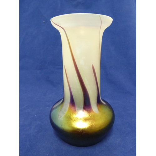 147 - Kralik - an iridescent glass vase, the opaline white cylindrical body with flared upper rim trailed ... 