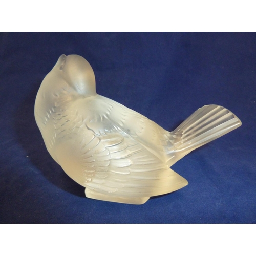 103 - Rene Lalique - Moineau Moqueur,  a frosted glass paperweight figure of a sparrow bird with head upra... 