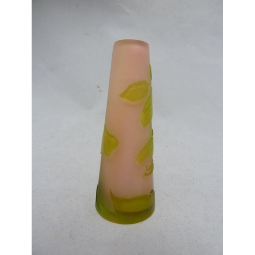 183 - Galle - a miniature cameo vase, of lime green cut through to sugar pink with Chinese Lantern type fl... 