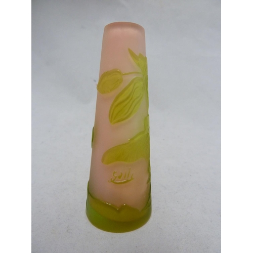 183 - Galle - a miniature cameo vase, of lime green cut through to sugar pink with Chinese Lantern type fl... 