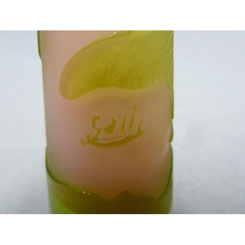 183 - Galle - a miniature cameo vase, of lime green cut through to sugar pink with Chinese Lantern type fl... 