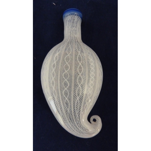 153 - Venetian Glass - a white filigrana laydown scent bottle, of flattened ovoid form with rams horn scro... 