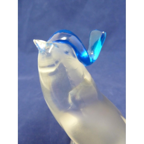 110 - Lalique - a Pimlico glass bird figure, the frosted glass swallow type bird, wearing a blue glass hat... 