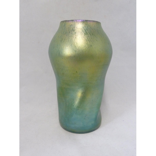 144 - Loetz - a green Cisele twisted glass vase, the body of green with blue/pink iridescence, 24cm high