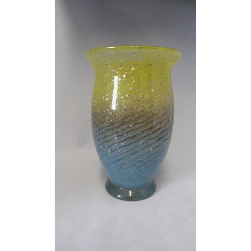 135 - Monart style - a glass vase of graduated lemon to grey internally with diagonal stripes and silver f... 