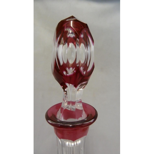 70 - Val St Lambert - a glass decanter, cased in ruby and cut through to colourless with 10 panels of flu... 