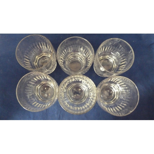 192 - English glass - six heavy cut glass water or whisky tumblers, the body cut with fluting towards the ... 