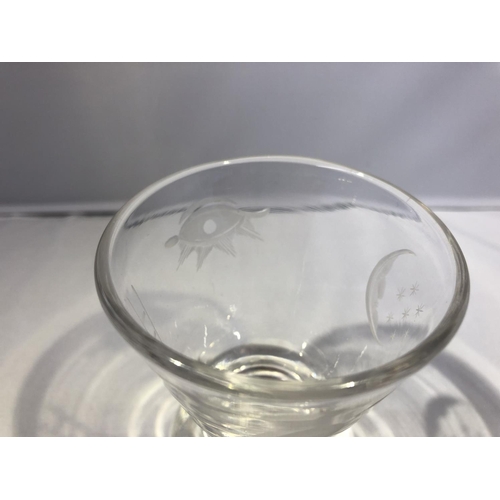 202 - Masonic Glass - A firing glass, of colourless glass engraved with masonic symbols, 9.3cm high approx