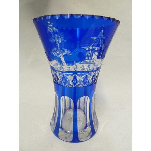 250 - Stevens & Williams - a blue cased glass vase, of waisted cylindrical form the cobalt blue cut throug... 