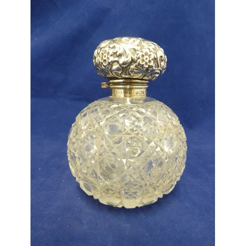 194 - English Cut Glass - two silver mounted globular hobnail cut perfume bottles, one Walker and Hall, Sh... 