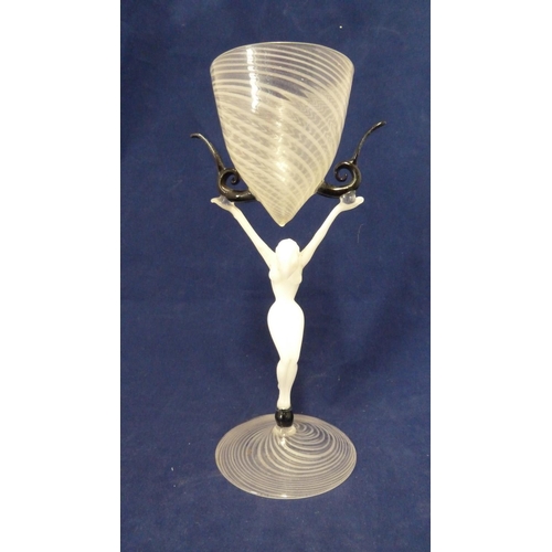 88 - Istvan Komaromy - a glass figural goblet, the stem of a naked female form in white glass with arms o... 