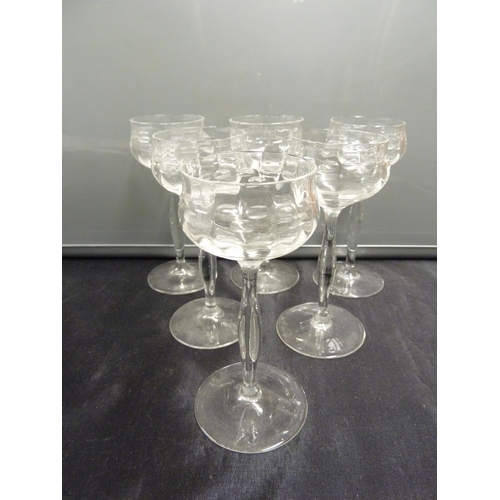 124 - Bakalowits, Vienna designed by Kolomon Moser - six liqueur glasses, colourless glass, the lobed bowl... 