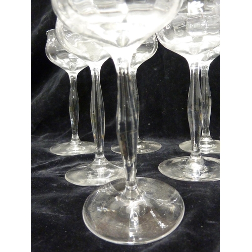 124 - Bakalowits, Vienna designed by Kolomon Moser - six liqueur glasses, colourless glass, the lobed bowl... 