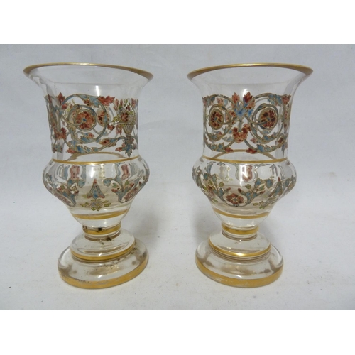 141 - Lobmeyr or Baccarat - two glass vases, enamelled in Ottoman Isnik style with scrolling foliage in bl... 