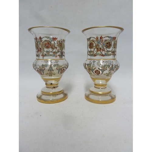 141 - Lobmeyr or Baccarat - two glass vases, enamelled in Ottoman Isnik style with scrolling foliage in bl... 