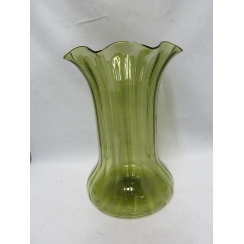 142 - James Powell & Sons, Whitefriars Limited - a large sea green glass optical ribbed vase, cylindrical ... 