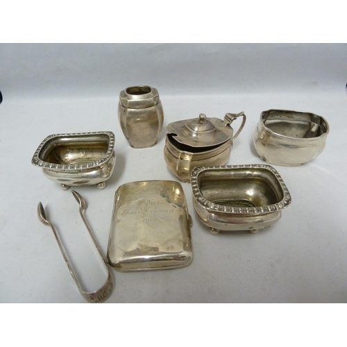 96 - Five silver cruet items, comprising a pair of salts; mustard pot and hinged cover; mustard pot; and ... 