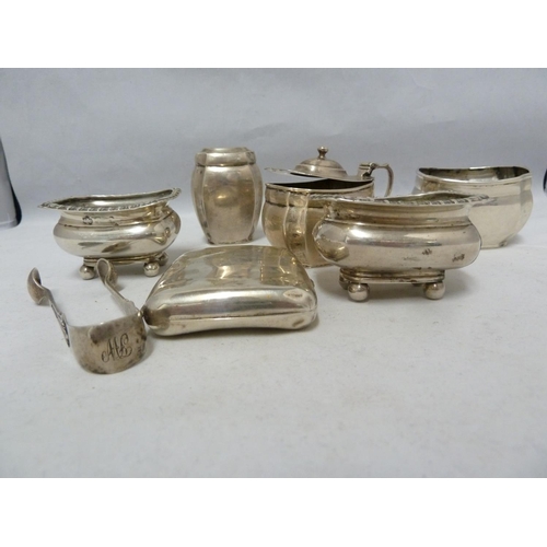 96 - Five silver cruet items, comprising a pair of salts; mustard pot and hinged cover; mustard pot; and ... 