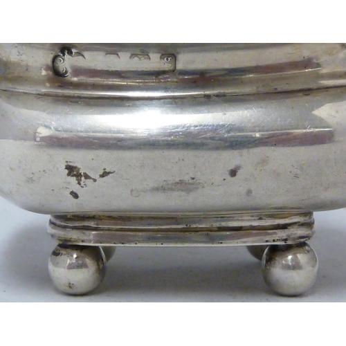 96 - Five silver cruet items, comprising a pair of salts; mustard pot and hinged cover; mustard pot; and ... 