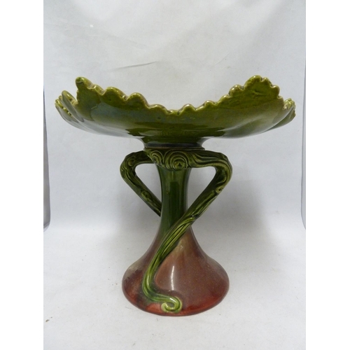 134 - A Bretby pottery majolica leaf form comport, shape number 1465B, 23.5cm high