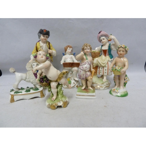 135 - Seven continental porcelain figures, including a Derby style putto; and a Staffordshire type figure ... 