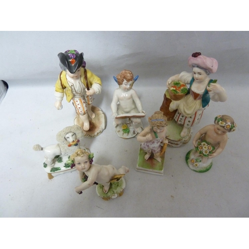 135 - Seven continental porcelain figures, including a Derby style putto; and a Staffordshire type figure ... 