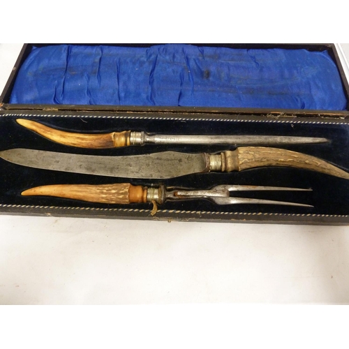 140 - Two carving sets - steel blades, one mounted with antler handles (2)