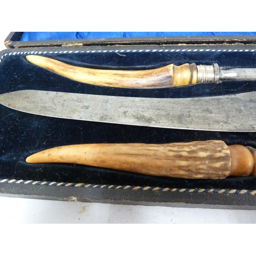 140 - Two carving sets - steel blades, one mounted with antler handles (2)