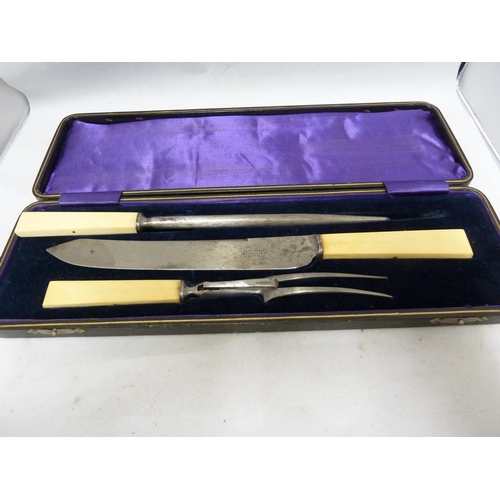 140 - Two carving sets - steel blades, one mounted with antler handles (2)