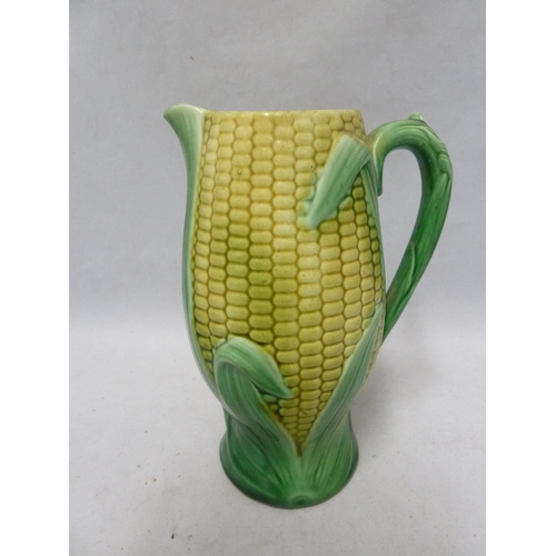 143 - A majolica corn on the cob jug, naturalist colours with shell pink interior, unmarked, 19.5cm high