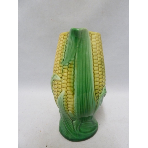 143 - A majolica corn on the cob jug, naturalist colours with shell pink interior, unmarked, 19.5cm high