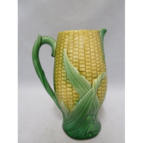 143 - A majolica corn on the cob jug, naturalist colours with shell pink interior, unmarked, 19.5cm high