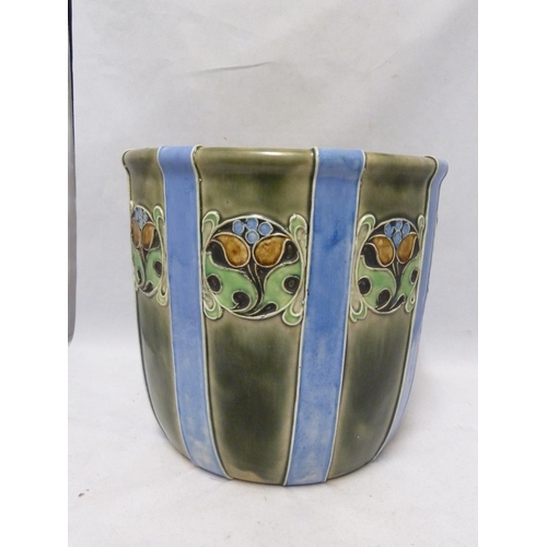 144 - A large Royal Doulton stoneware jardiniere, bucket form and decorated by Annie Lyons with stripes an... 