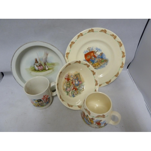 146 - Bunnykins, Royal Doulton - Nursery ware, comprising, mug, bowl and plate; a Grimwades Peter Rabbit c... 